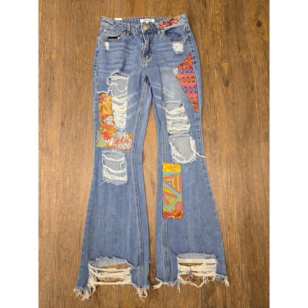 Almost Famous Womens Blue Jeans Size 5 Boho Vintage Patchwork Distressed Flare